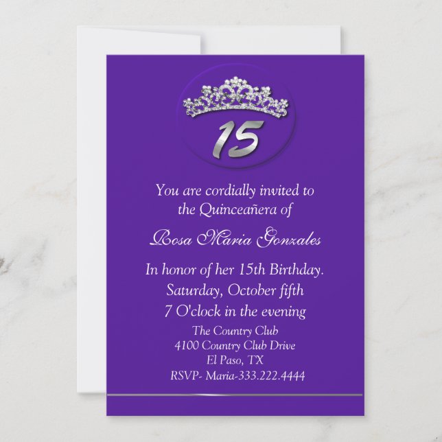 Purple Tiara Quinceañera Invitation (Front)