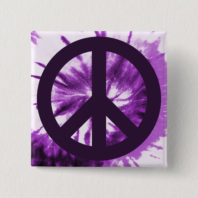 Purple Tie-Dye with Peace Symbol 2 Inch Square Button (Front)