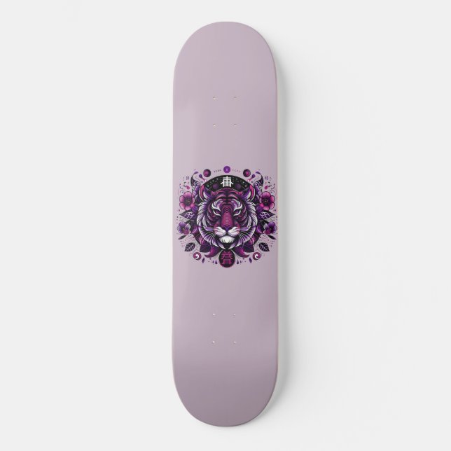 Purple Tiger Floral Circle Skateboard (Front)