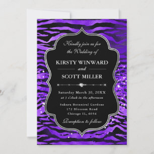 Purple Tiger Stripes Glitter Glam Wedding Invitation