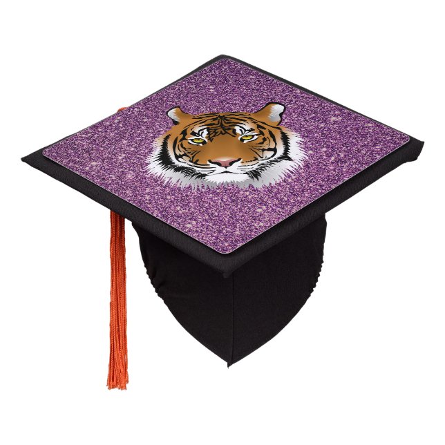Purple Tiger with Glitter Background Graduation Cap Topper (Angled)