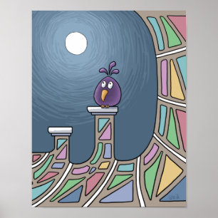 Purple Tiki Bird with full moon Poster