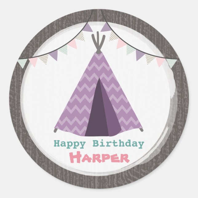 Purple Tipi Birthday Sticker (Front)