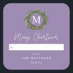 Purple To Wreath Monogram Merry Christmas Square Sticker<br><div class="desc">Give out your gifts in customization & style with your chic Wreath Monogram merry Christmas Gift Square Stickers.  Comes in multiple colours.</div>