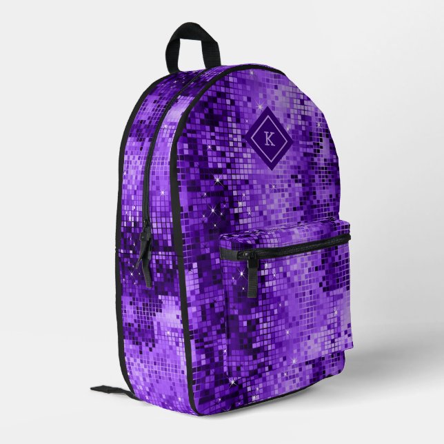 Purple tones disco mirrors glitter pattern printed backpack (Back Corner Left)