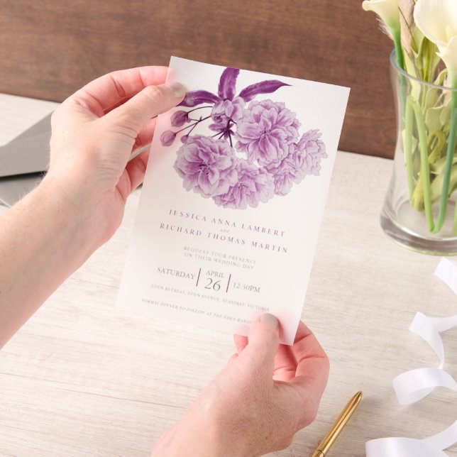 Purple tree blossom watercolor photo wedding vellum invitations (Handheld)