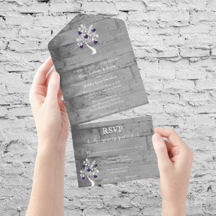 Purple Tree of Hearts All in One Wedding Invite