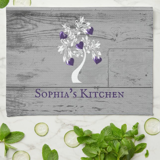 Purple Tree of Hearts Personalized Kitchen Towel (Folded)