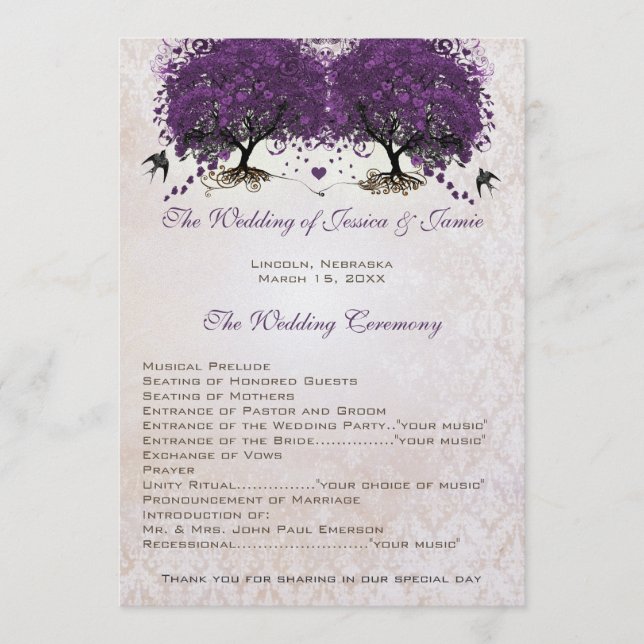 Purple Tree Vintage Love Birds Damask Wedding  Program (Front)