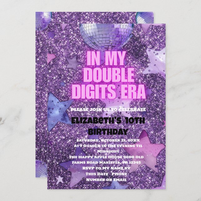 Purple Trendy In My Double Digits Era Birthday Invitation (Front/Back)