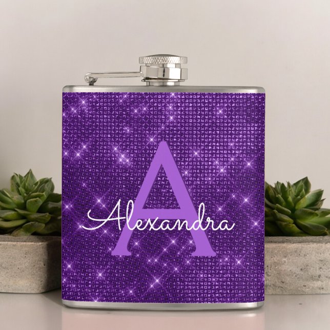 Purple Trendy Sparkle Monogram Initial Hip Flask (Creator Uploaded)