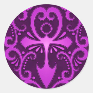 Purple Tribal Ankh Classic Round Sticker