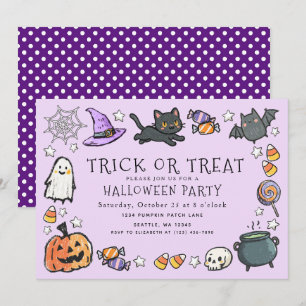 Purple Trick or Treat Kids Crayon Halloween Party  Invitation