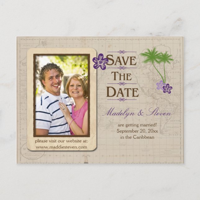 Purple Tropical Destination Photo Save The Date Announcement Postcard (Front)