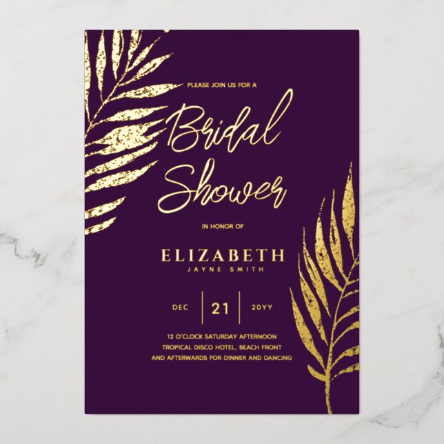 Purple Tropical Disco BRIDAL SHOWER Gold Leaves (Front)