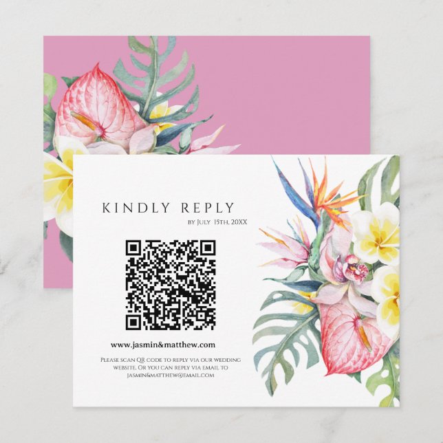 Purple Tropical Floral Hawaii QR Code Wedding RSVP Card (Front/Back)