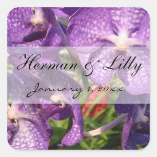 Purple Tropical Flowers Personalized Wedding Square Sticker