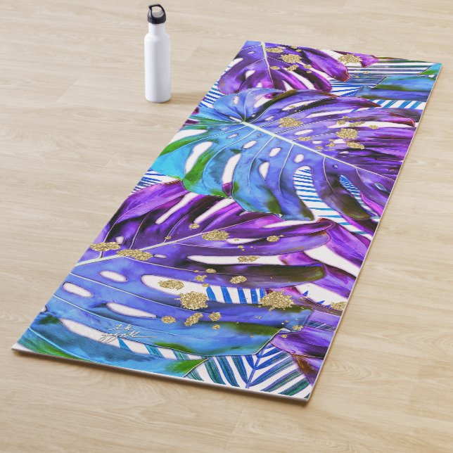 Purple Tropical Leaf Pattern Palm Glitter Beach Yo Yoga Mat (In Situ)