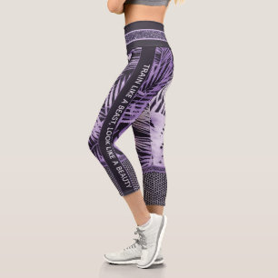 Purple tropical leaves glitter & quote stylish capri leggings