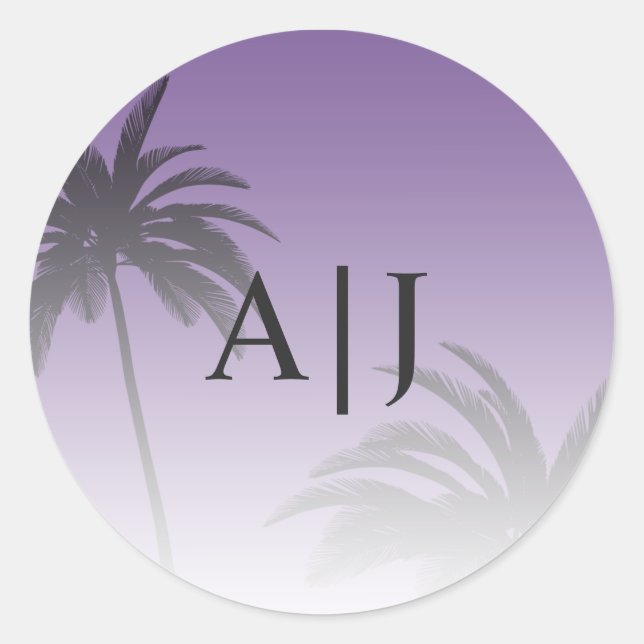 Purple Tropical Palm Tree Beach Monogram Wedding Classic Round Sticker (Front)