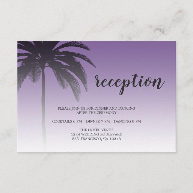 Purple Tropical Palm Tree Beach Wedding Reception Enclosure Card (Front)