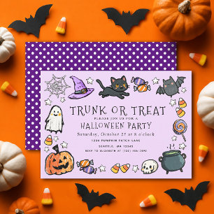 Purple Trunk or Treat Kids Crayon Halloween Party Invitation