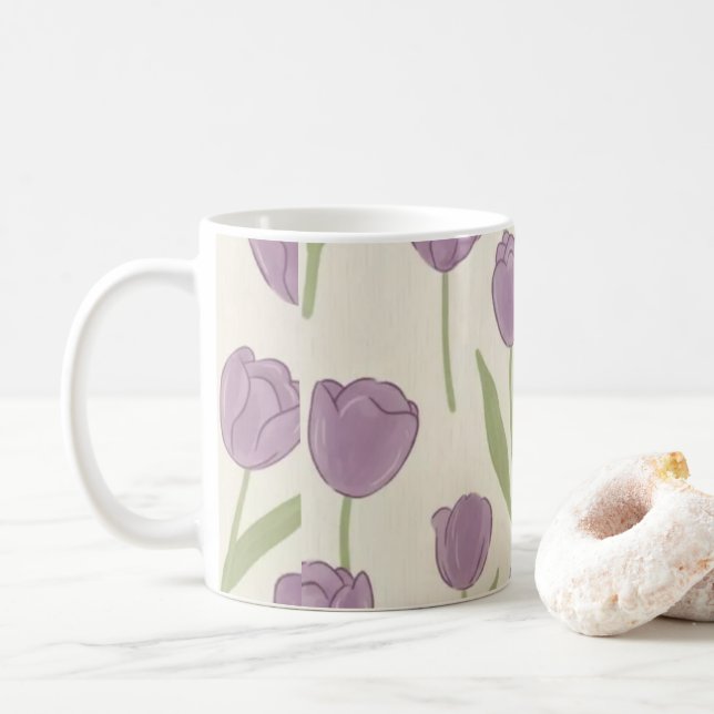 Purple Tulip Floral Pattern Coffee Mug (With Donut)