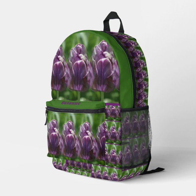 Purple Tulip Flower Personalized Printed Backpack (Back Corner Right)