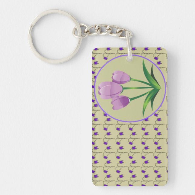 Purple tulip flower vintage pattern cute keychain (Front)