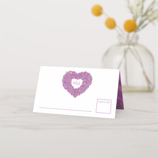 Purple tulip heart drawing monogram wedding place card (Front)