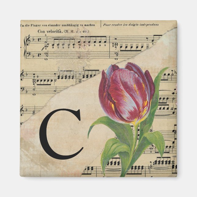 Purple Tulip Sheet Music Monogram Initial C Magnet (Front)