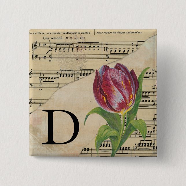 Purple Tulip Sheet Music Monogram Initial D 2 Inch Square Button (Front)