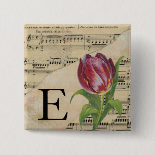 Purple Tulip Sheet Music Monogram Initial E 2 Inch Square Button