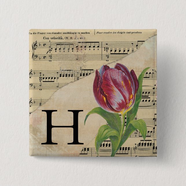 Purple Tulip Sheet Music Monogram Initial H 2 Inch Square Button (Front)
