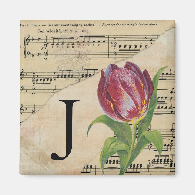 Purple Tulip Sheet Music Monogram Initial J Magnet (Front)