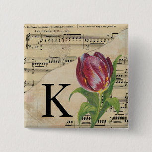Purple Tulip Sheet Music Monogram Initial K 2 Inch Square Button