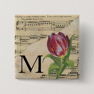 Purple Tulip Sheet Music Monogram Initial M 2 Inch Square Button