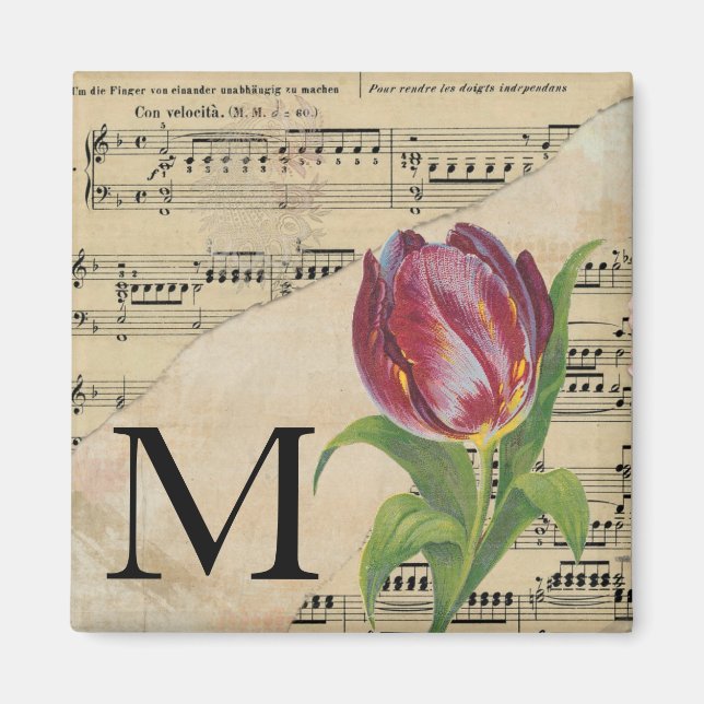 Purple Tulip Sheet Music Monogram Initial M Magnet (Front)