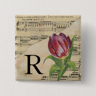 Purple Tulip Sheet Music Monogram Initial R 2 Inch Square Button