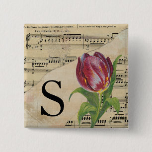 Purple Tulip Sheet Music Monogram Initial S 2 Inch Square Button