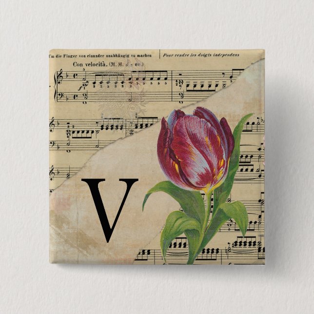 Purple Tulip Sheet Music Monogram Initial V 2 Inch Square Button (Front)