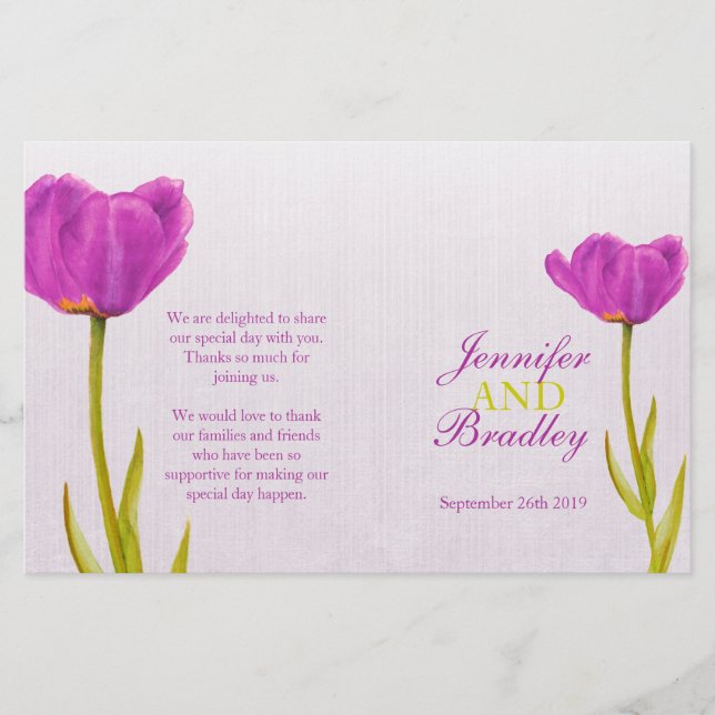 Purple tulip watercolor art wedding programme (Front)