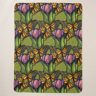Purple Tulip with Monarch Butterflies Nature Sherpa Blanket