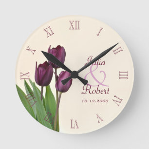 Purple tulips anniversary round clock