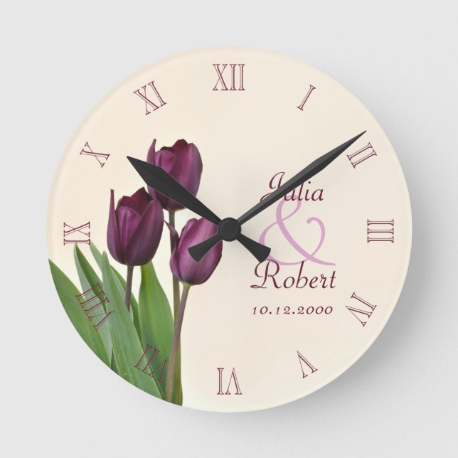 Purple tulips anniversary round clock (Front)