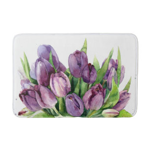Purple Tulips Floral Watercolor Pattern Bath Mat