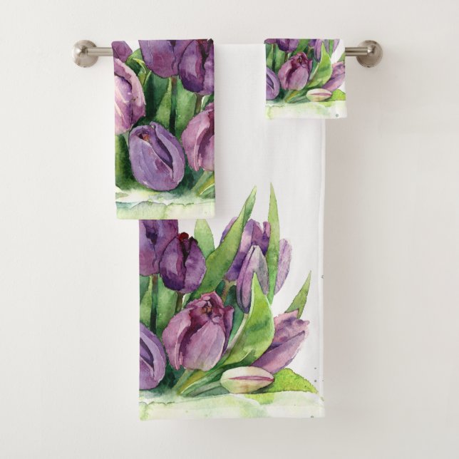 Purple Tulips Floral Watercolor Pattern Bath Towel Set (Insitu)