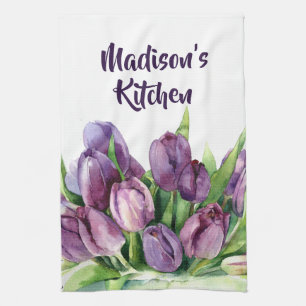 Purple Tulips Floral Watercolor Pattern Kitchen Towel