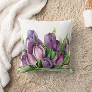 Purple Tulips Floral Watercolor Pattern Throw Pillow