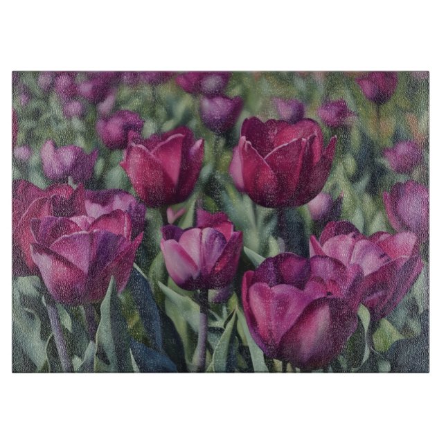 Purple Tulips Flowers Floral Art Glass Cutting Board (Front)